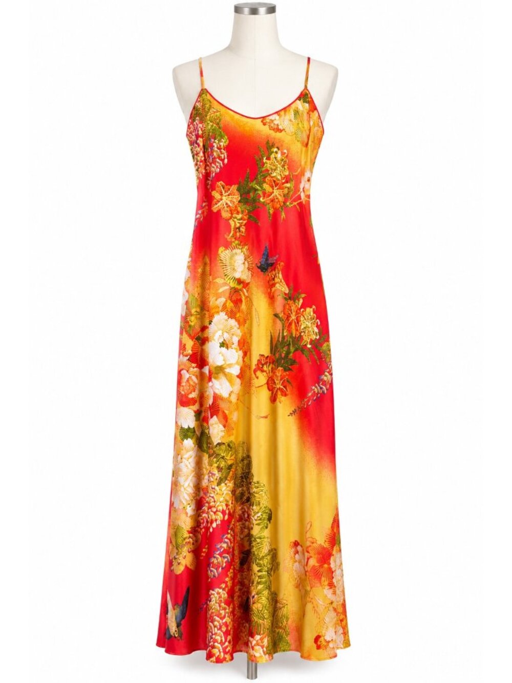 Natori Satin Floral Slip Chemise Maxi Nightgown Orange V Neck Spaghetti Strap M